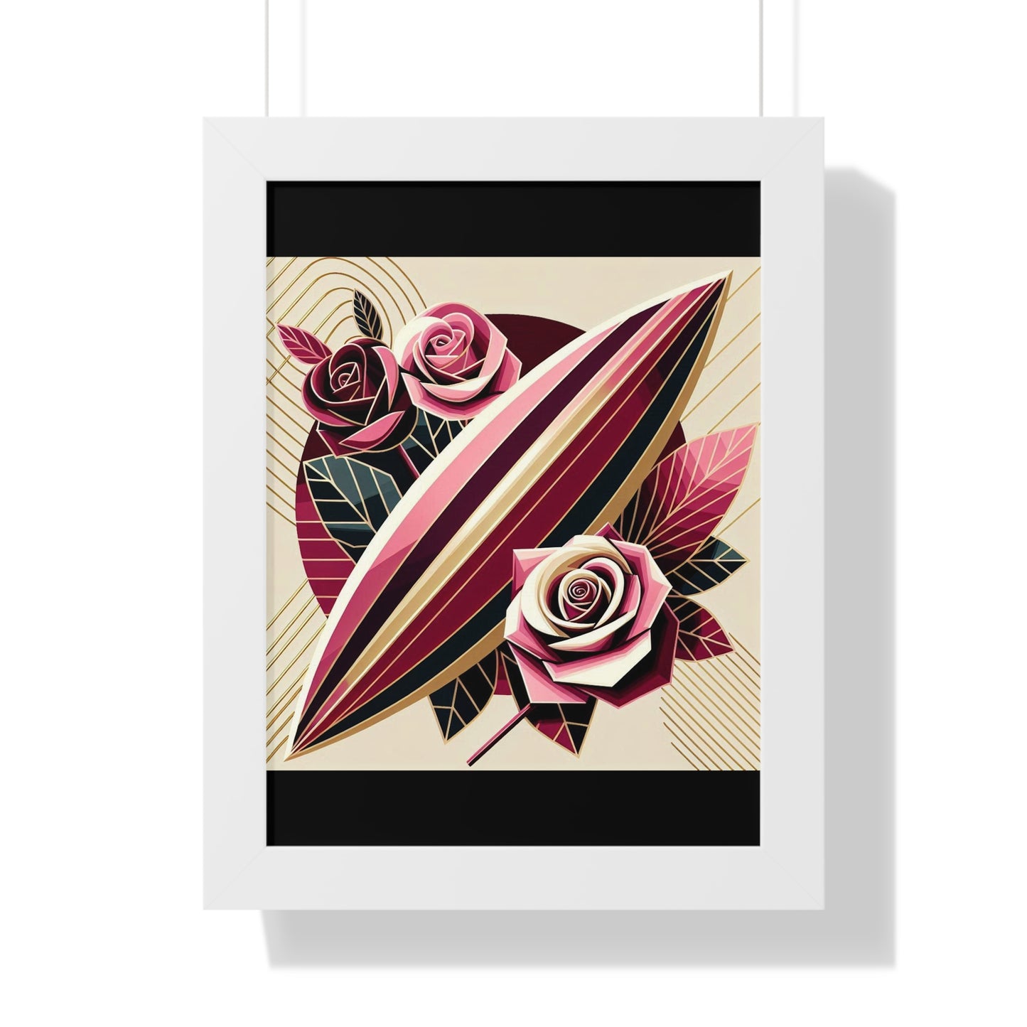 Vertical Poster - Pink & Burgundy Striped Surfboard & Roses Wall Art