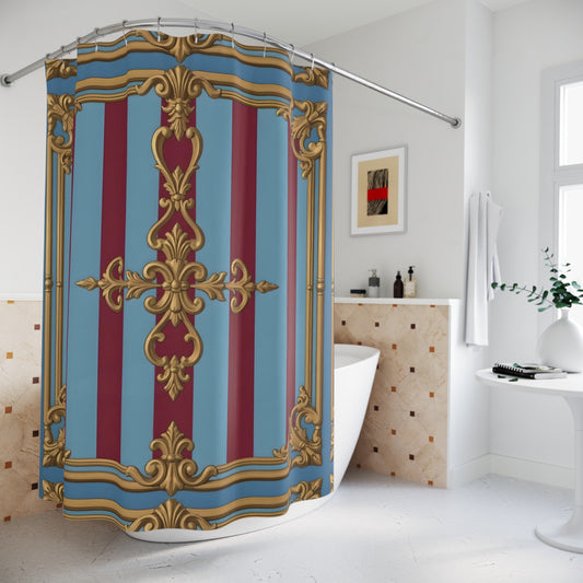 Elegant Vintage Shower Curtain, Bathroom Decor, Luxurious Home Accent, Unique Gift Idea, Artful Bath Accessory - Sky Blue & Maroon Striped Baroque