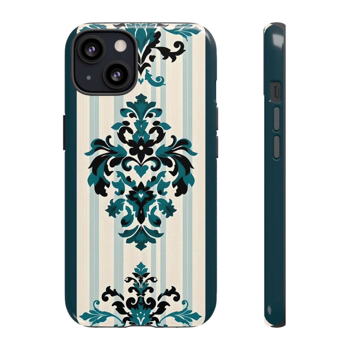 Elegant Floral Phone Case - Tough Cases with Vintage Design - Teal Striped Damask