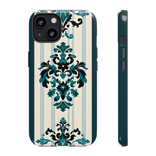 Elegant Floral Phone Case - Tough Cases with Vintage Design - Teal Striped Damask