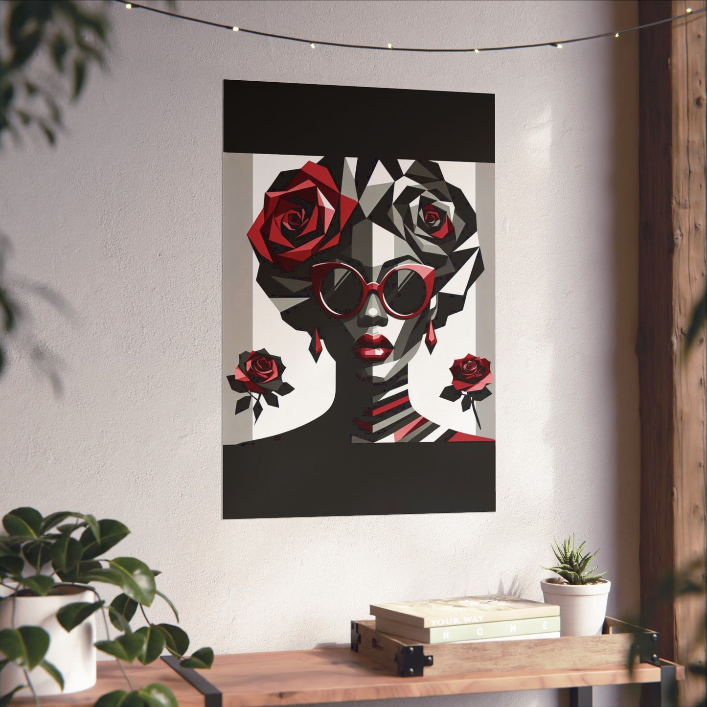Floral Afro Art Poster - Elegant Matte Vertical Wall Decor - Lady In Red Shades Design