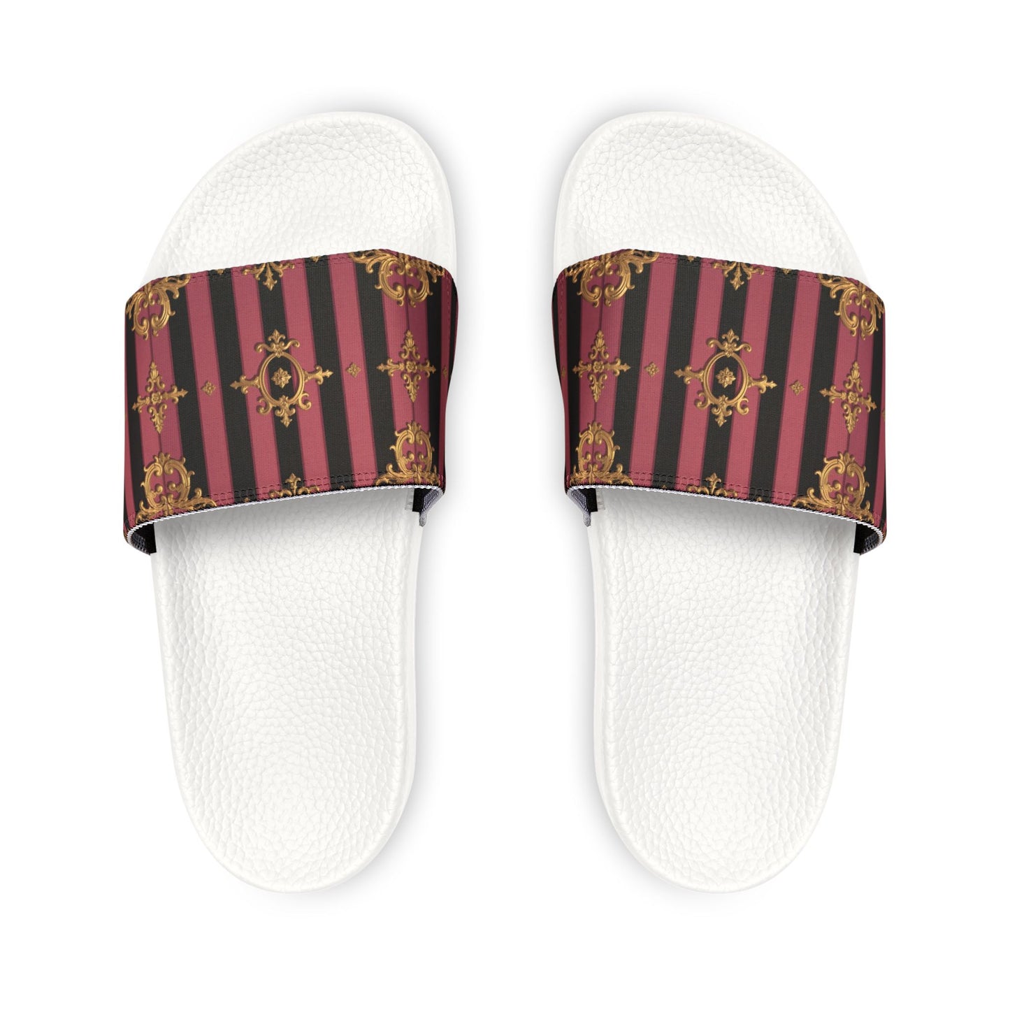 Chic Black & Mauve Striped Gold Baroque Women's Removable-Strap Sandals, Comfortable Summer Footwear