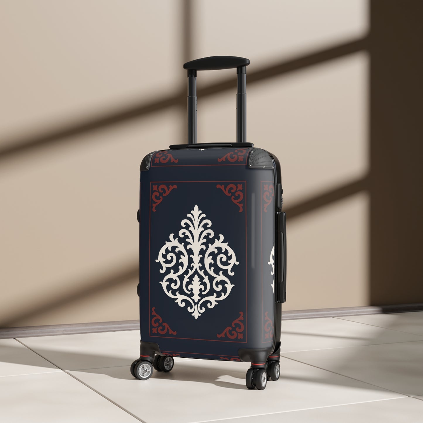 Dusk Blue-Maroon & White Baroque Carry-On Suitcase — Elegant Travel Luggage with Vintage White Medallion