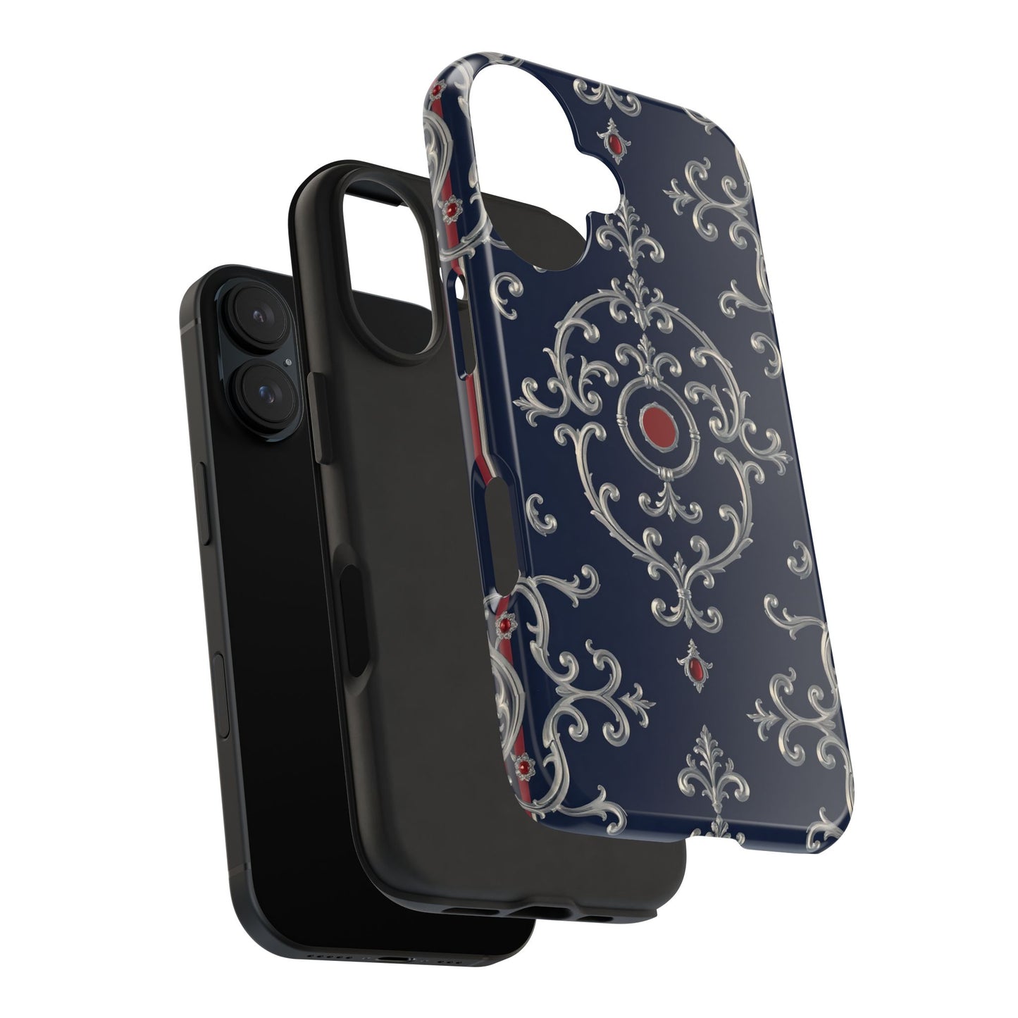 Elegant Patterned Tough Phone Cases for Stylish Protection, Gift for Her, Unique Accessories - Blue & Red Striped Silver Baroque