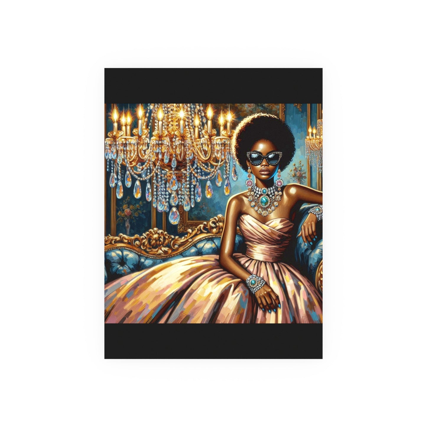 Elegant Glamour Satin Poster, Wall Art Decor, Modern Home Gallery, Gift for Art Lovers, Chic Interior Decoration - Elegant Lady & Chandelier