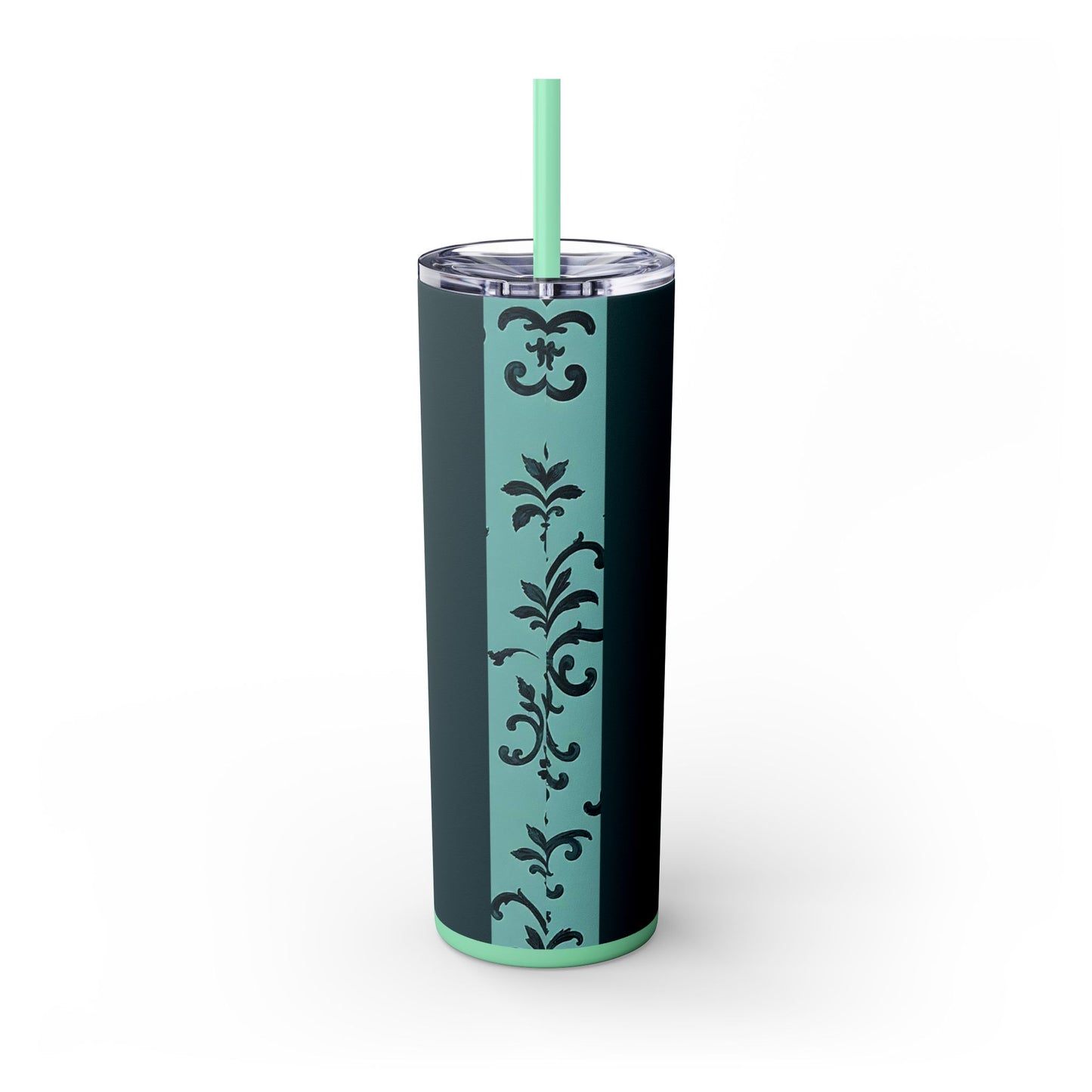 Elegant Floral Skinny Tumbler with Straw, 20oz, Personalized Drinkware, Stylish Travel Mug, Great Gift for Her - Teal Striped Rococo