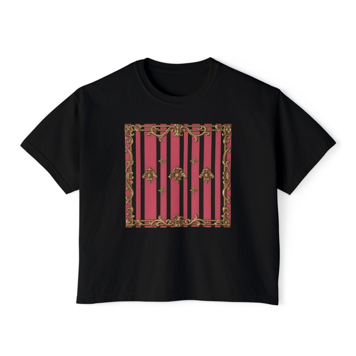 Chic Women's Boxy Tee with Vintage Floral Design, Casual Top, Summer Outfit, Gift for Her, Everyday Wear, Stylish Tee - Pink Striped Gold Rococo