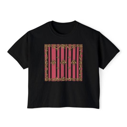 Chic Women's Boxy Tee with Vintage Floral Design, Casual Top, Summer Outfit, Gift for Her, Everyday Wear, Stylish Tee - Pink Striped Gold Rococo