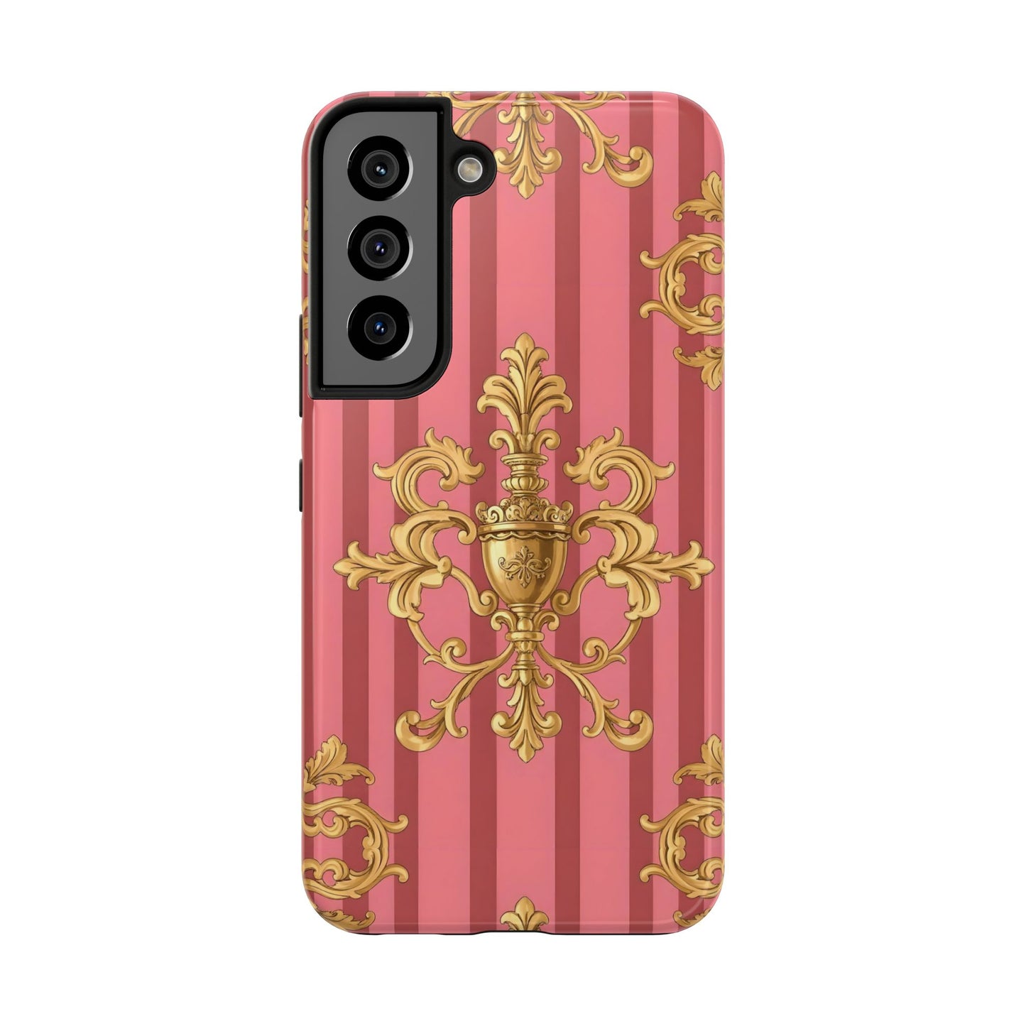 Elegant Baroque Tough Phone Cases, Durable Phone Cover, Stylish Accessory, Gift for Any Occasion - Pink Striped Gold Baroque