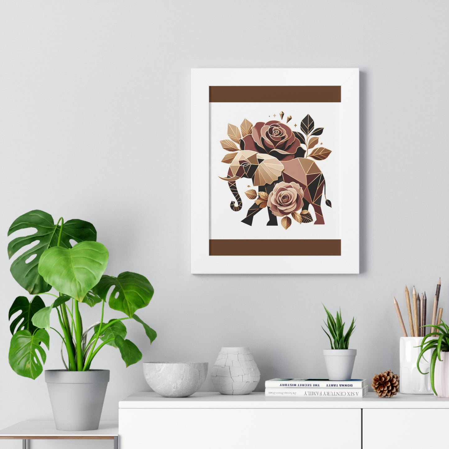 Vertical Poster - Brown & Gold Elephant & Roses Wall Art
