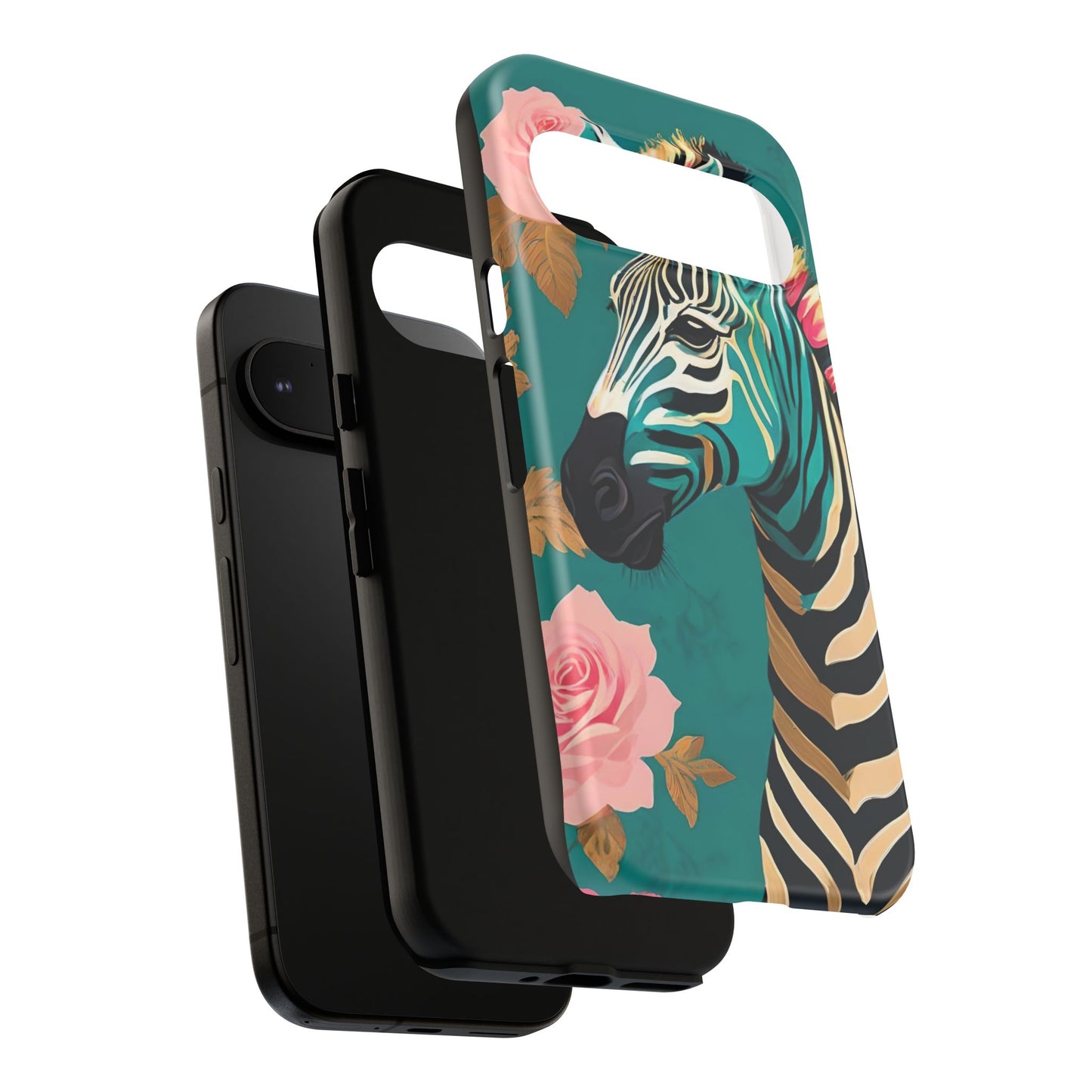Phone Case - Elegant Teal & Gold Zebra & Roses Design