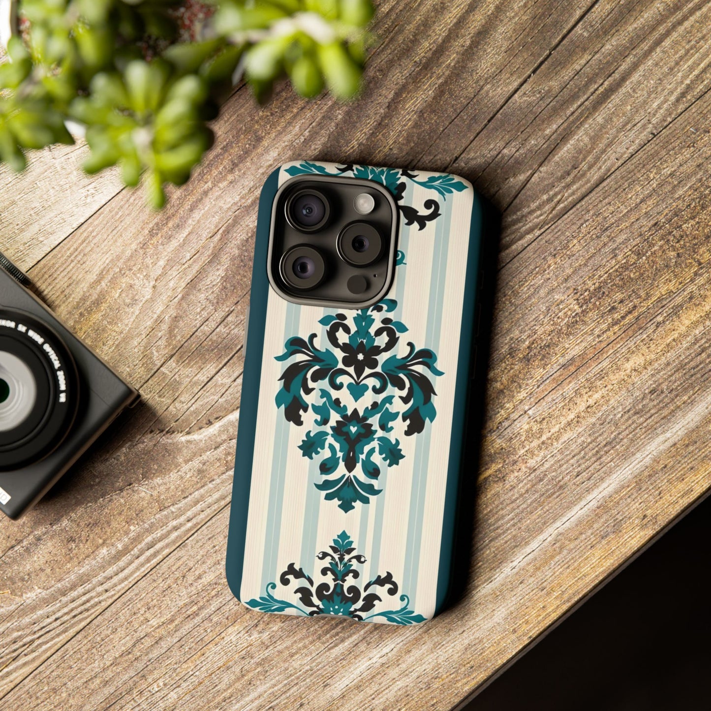 Elegant Floral Phone Case - Tough Cases with Vintage Design - Teal Striped Damask
