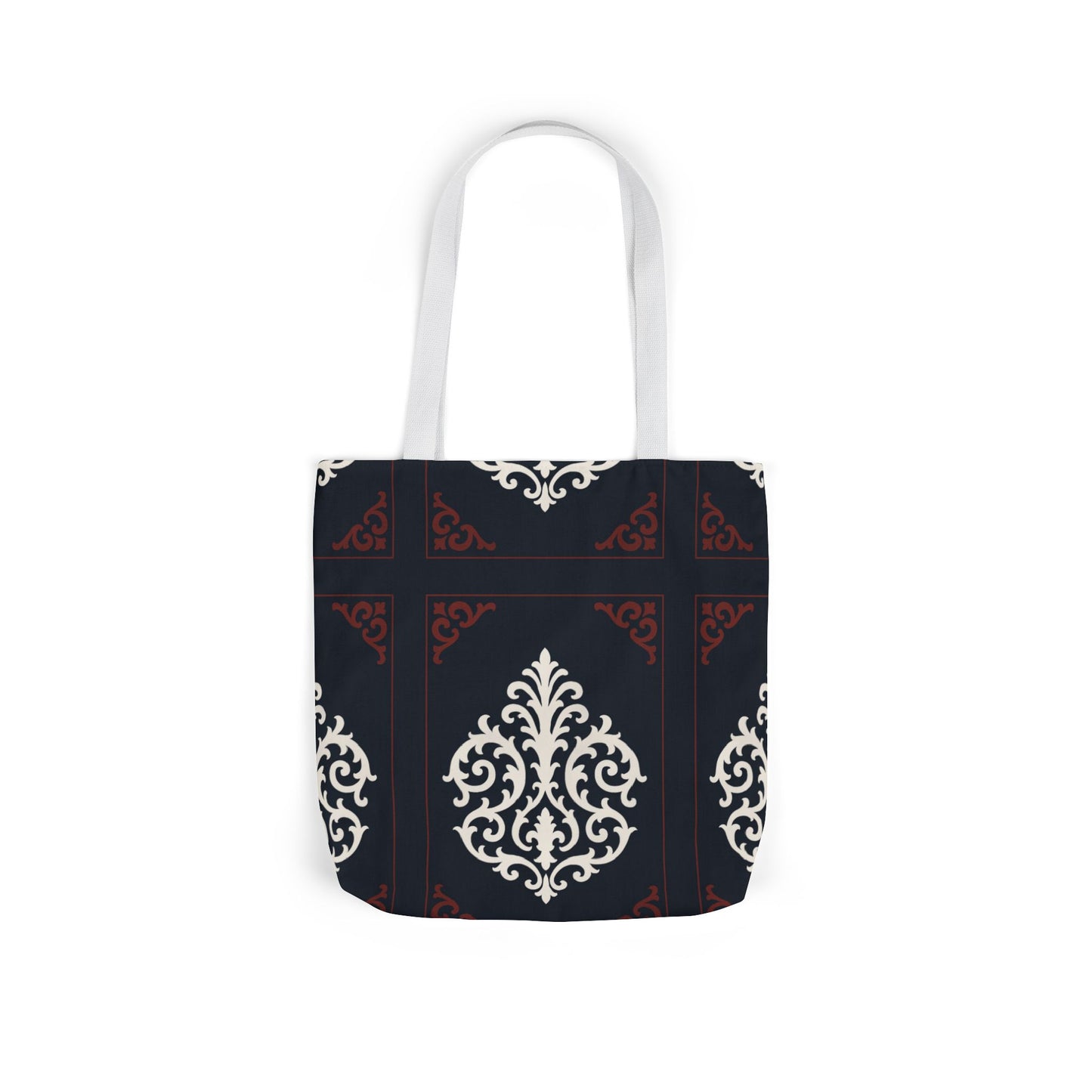 Dusk Blue-Maroon & White Baroque Pattern Canvas Tote Bag — Elegant Dusk Blue & White Reusable Market Bag
