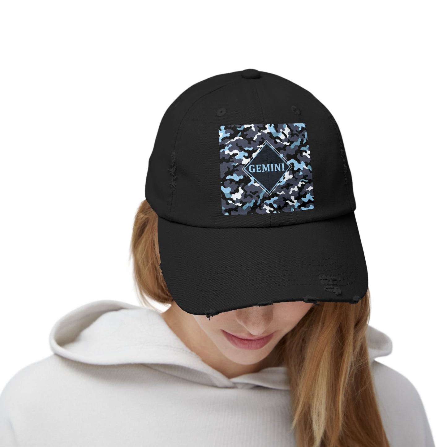 Gemini Distressed Cap - Unisex Camo Design - Black, Grey & Ice Blue