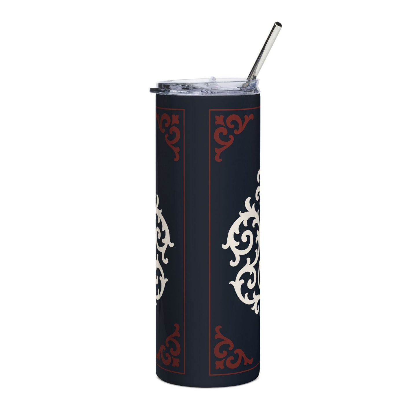 Dusk Blue-Maroon & White Baroque 20oz Stainless Tumbler — Elegant Baroque Dusk Blue & White Insulated Travel Cup