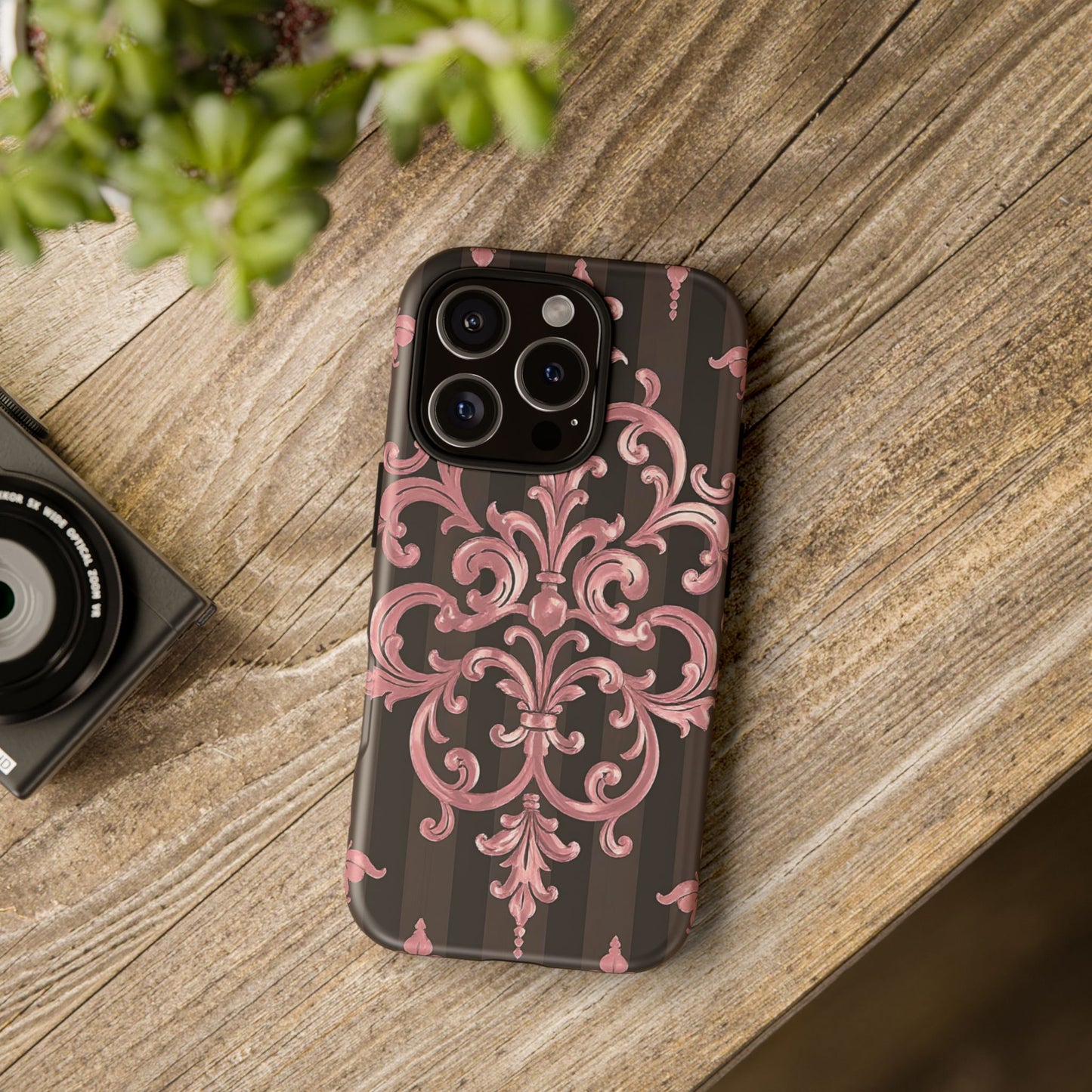 Elegant Floral Motif Phone Case - Tough Cases with Vintage Design - Brown Striped Mauve Damask