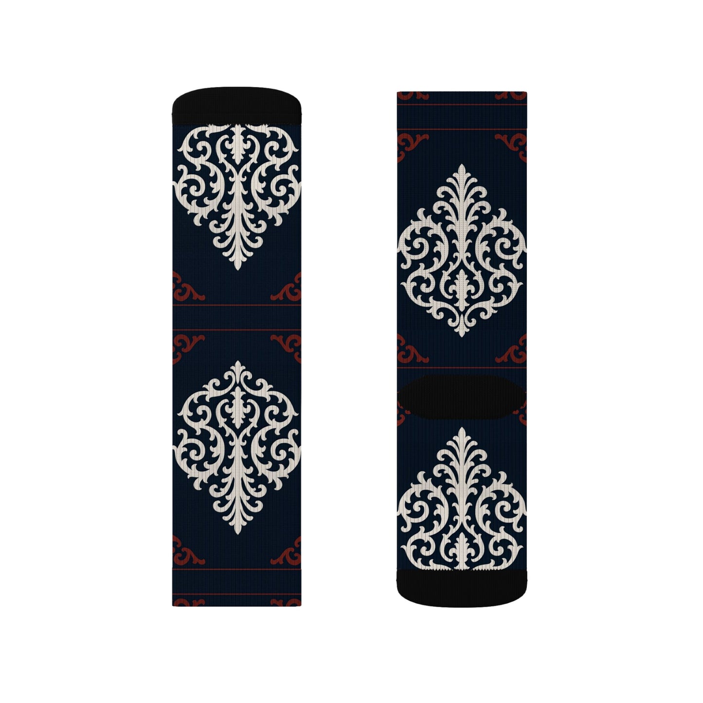 Dusk Blue-Maroon & White Baroque Pattern Sublimation Socks — Dusk Blue & White Ornate Crew Socks