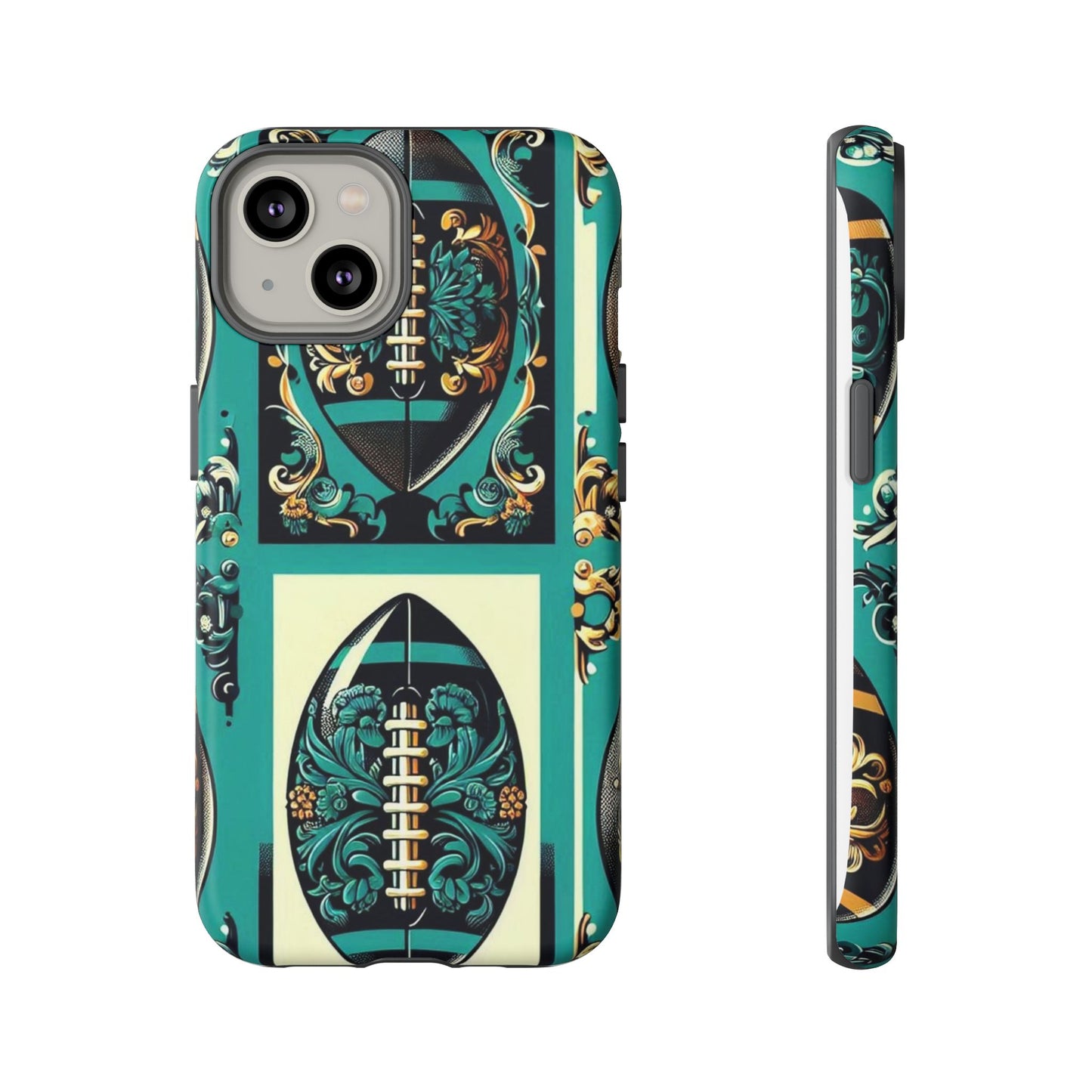 Elegant Floral Motif Phone Case - Tough Cases with Vintage Design -  Damask Teal, Gold & Black Footballs