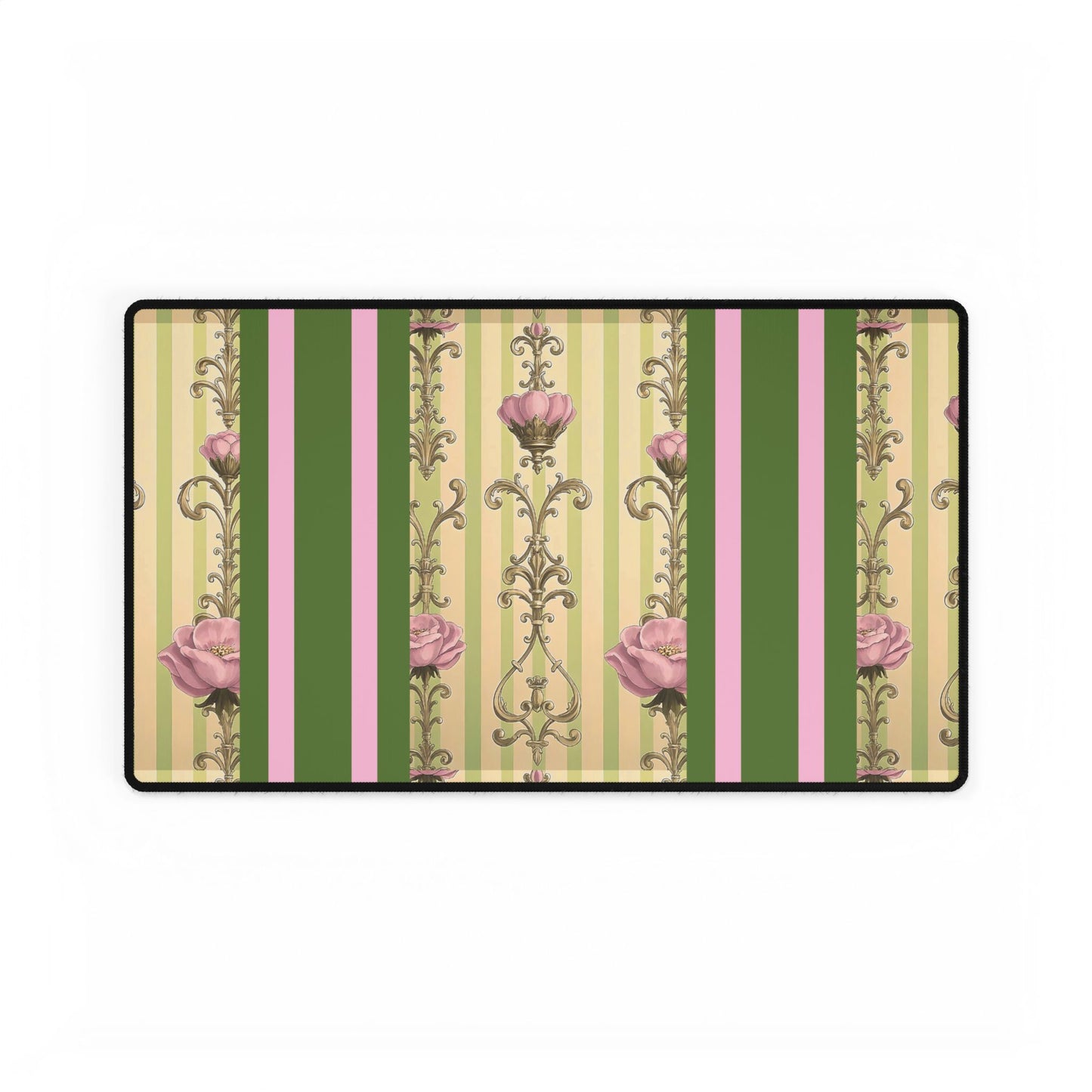 Elegant Floral Motif Desk Mat for Home Office Decor - Lime Green & Pink Striped Damask