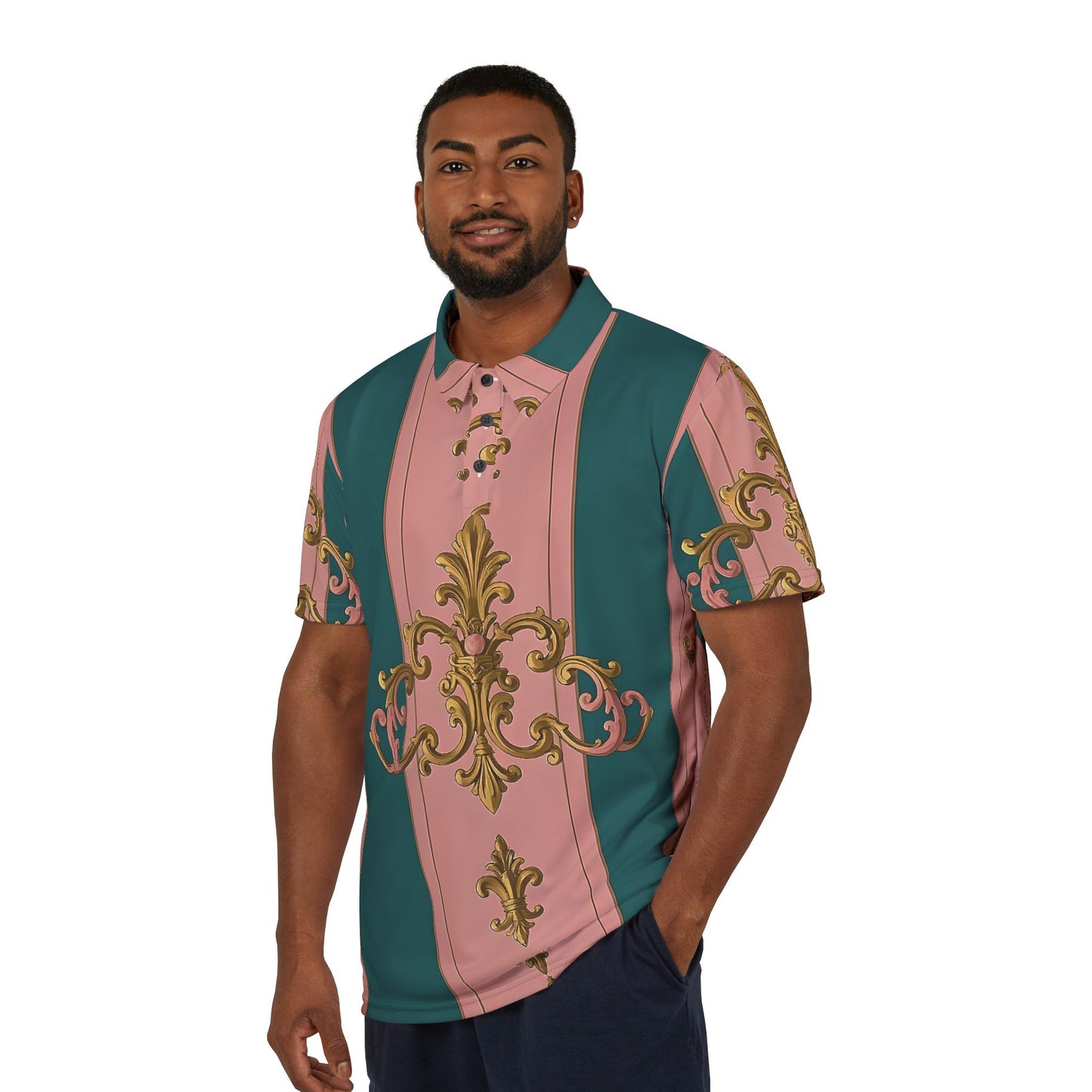 Stylish Unisex Polo Shirt with Elegant Baroque Print | Casual Summer Wear, Mens and Womens Fashion - Pink & Teal Striped Gold Baroque