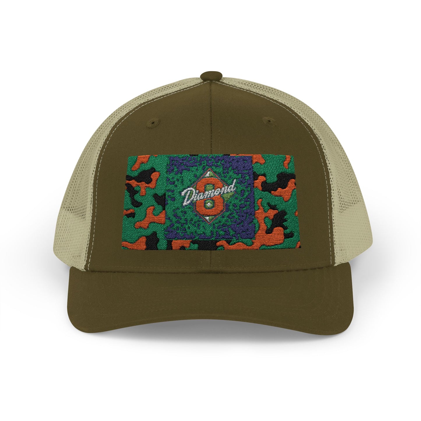 Colorful Camouflage Snapback Trucker Cap, Casual Hat, Outdoor Gear, Unisex Headwear, Gift for Him/Her - Green & Orange Camo Diamond 8