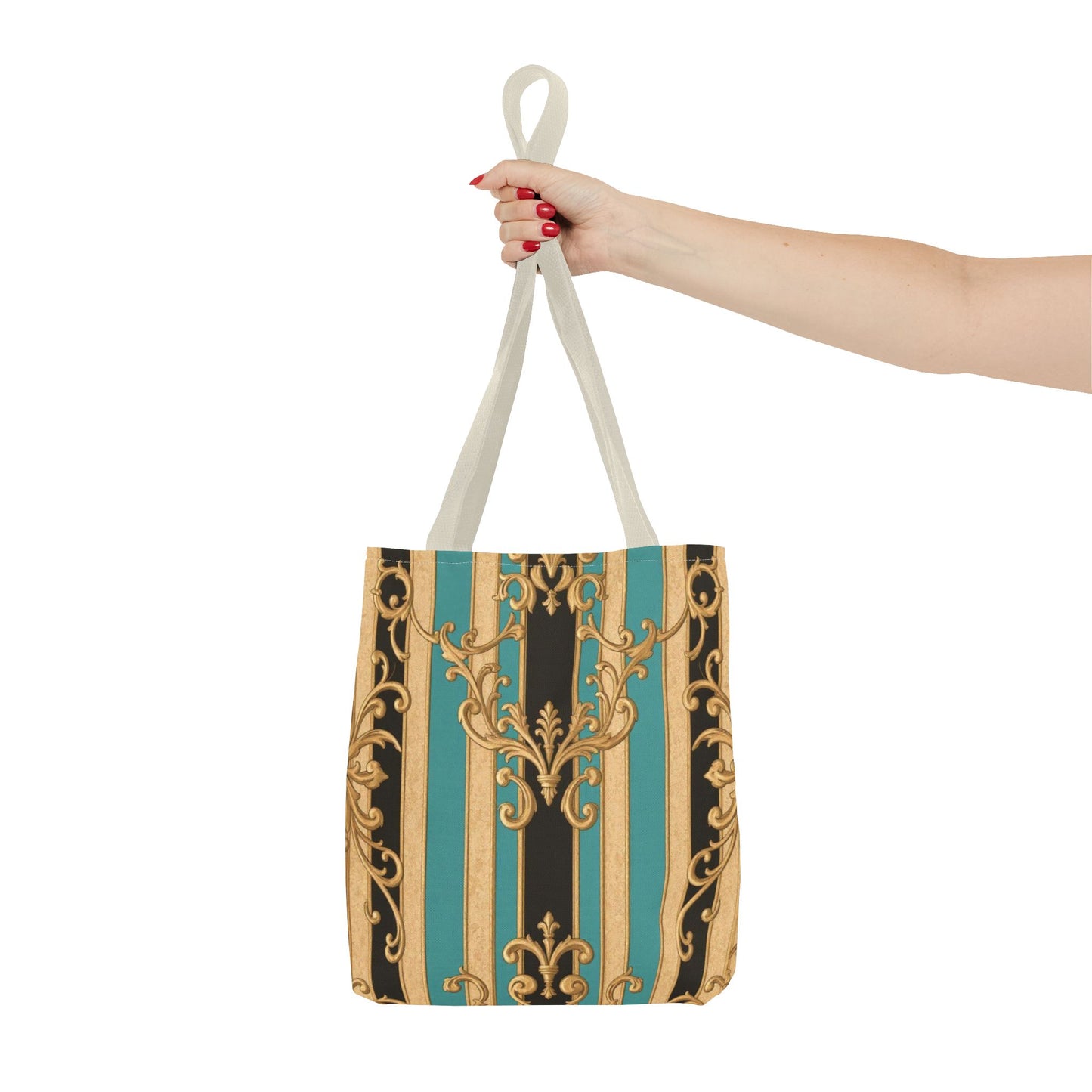 Elegant Black, Tan & Ocean Green Striped Gold Baroque Vintage Pattern Tote Bag, Stylish Carryall, Fashionable Handbag, Perfect Gift for Mother’s Day