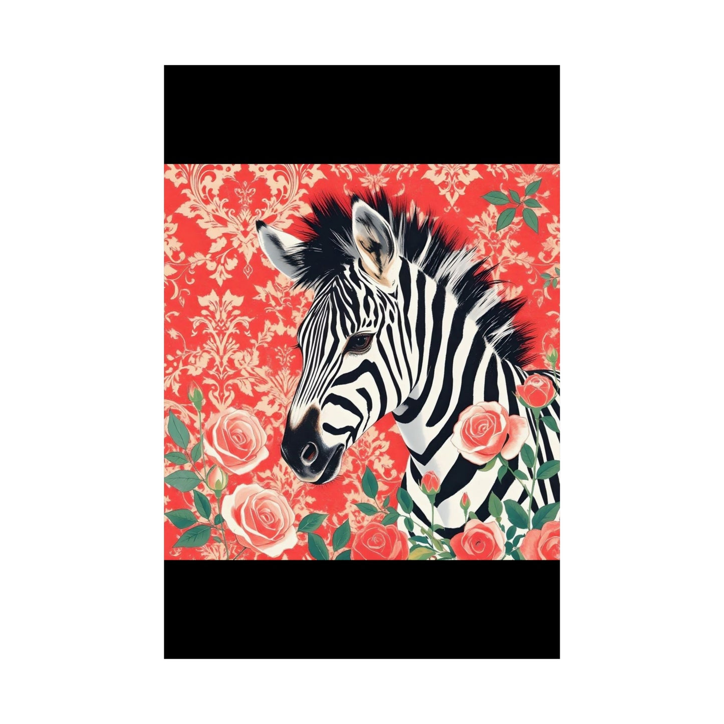 Floral Art Poster - Elegant Matte Vertical Wall Decor - Zebra With Coral Roses & Damask