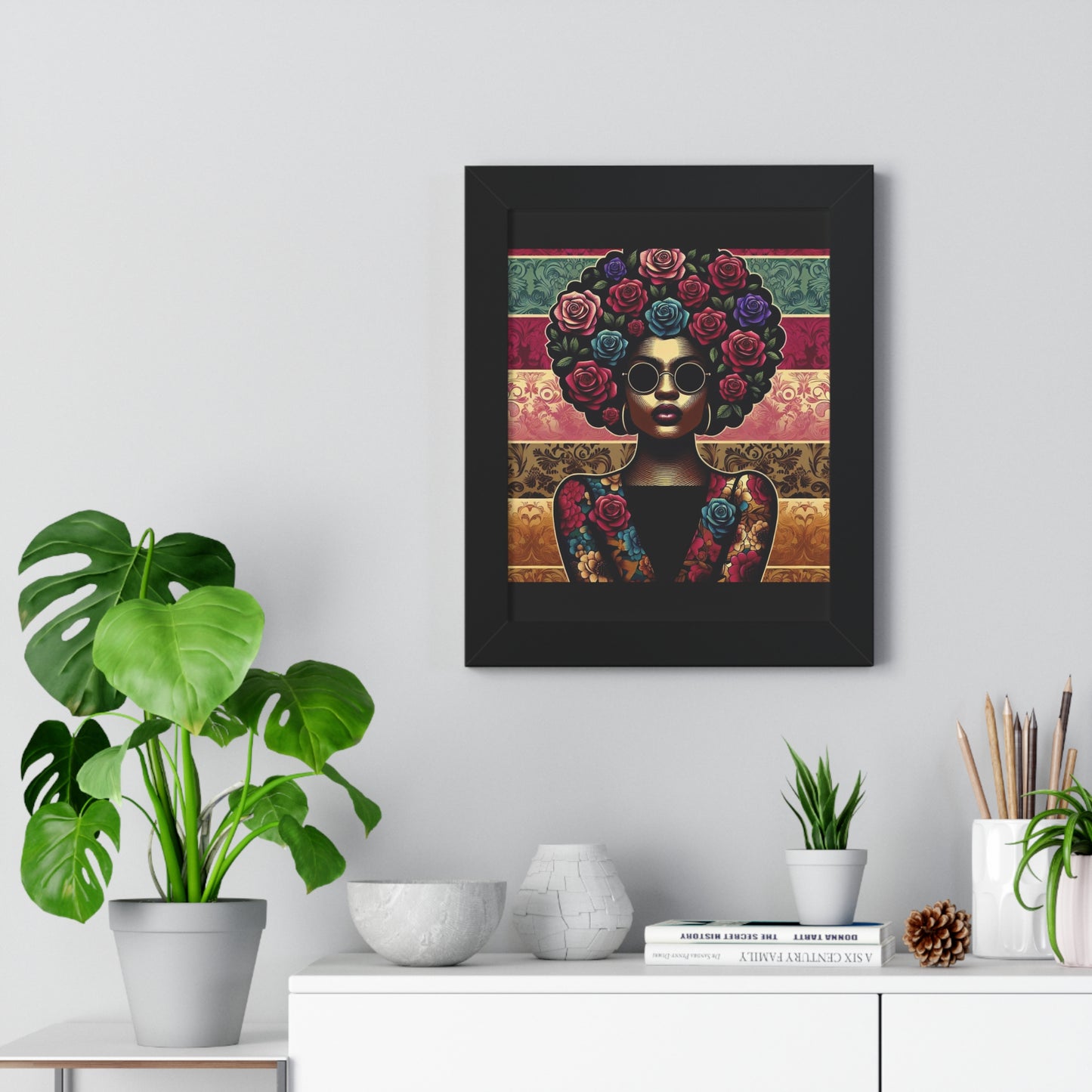 Vertical Poster Lady In Damask & Roses Wall Art