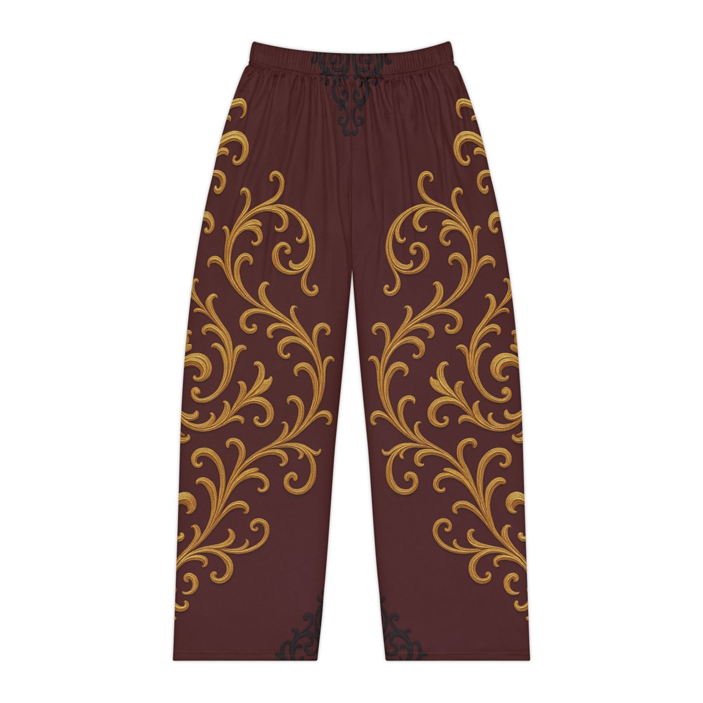 Dusk Burgundy-Black & Gold Baroque Women's Pajama Pants with Gold Baroque Scroll Print