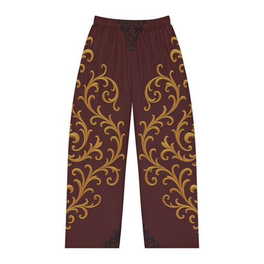 Dusk Burgundy-Black & Gold Baroque Women's Pajama Pants with Gold Baroque Scroll Print