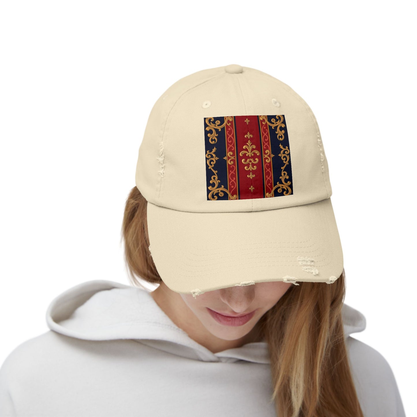 Vintage-Inspired Distressed Cap, Stylish Hat, Perfect Gift for Friends, Fashion Accessory, Unisex Headwear - Midnight Blue & Dusk Red Gold Baroque