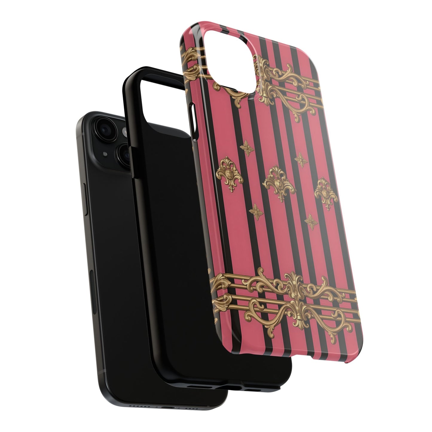 Elegant Floral Phone Cases, Stylish Protective Case for Trendy Individuals, Unique Gift for Tech Lovers, Phone Accessories - Pink Striped Gold Rococo