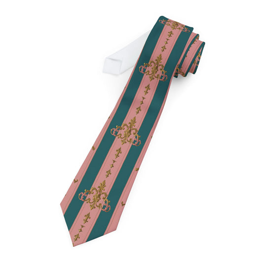 Elegant Floral Necktie, Formal Tie for Weddings, Business, Events, Gifts for Him, Stylish Neckwear - Pink & Teal Striped Gold Baroque