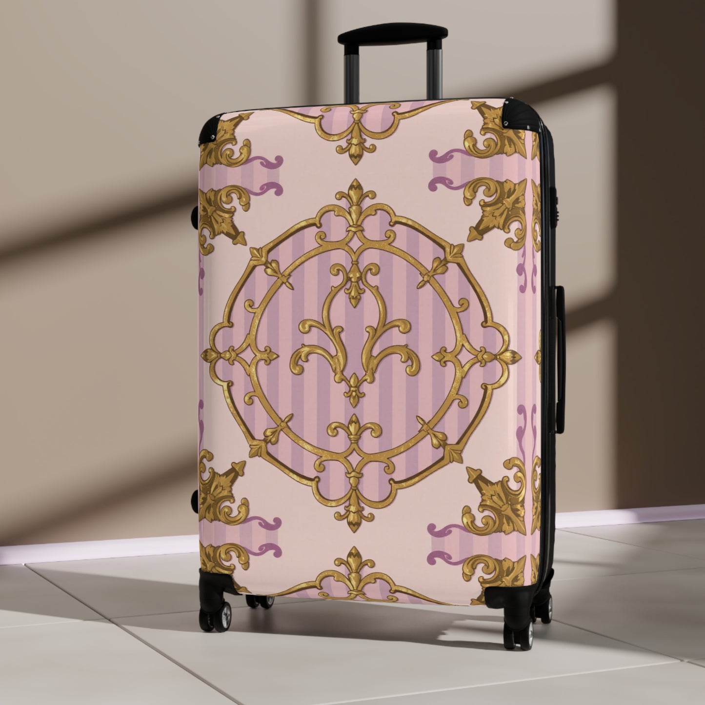 Elegant Lavender & Alabaster Striped Gold Baroque Suitcase for Travel, Stylish Luggage, Personalized Gift, Vacation Essential, Unique Design Suitcases