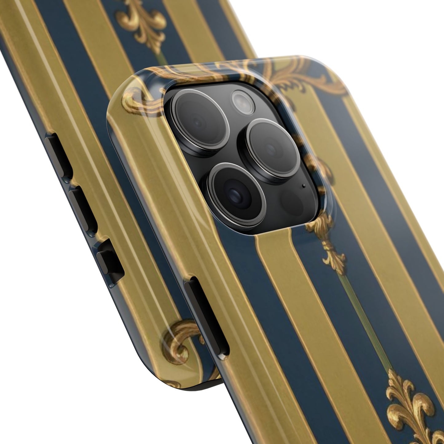 Elegant Midnight Blue & Olive Striped Gold Baroque Tough Phone Case, Phone Cover, Durable Case for Protection, Stylish Gift for Him/Her