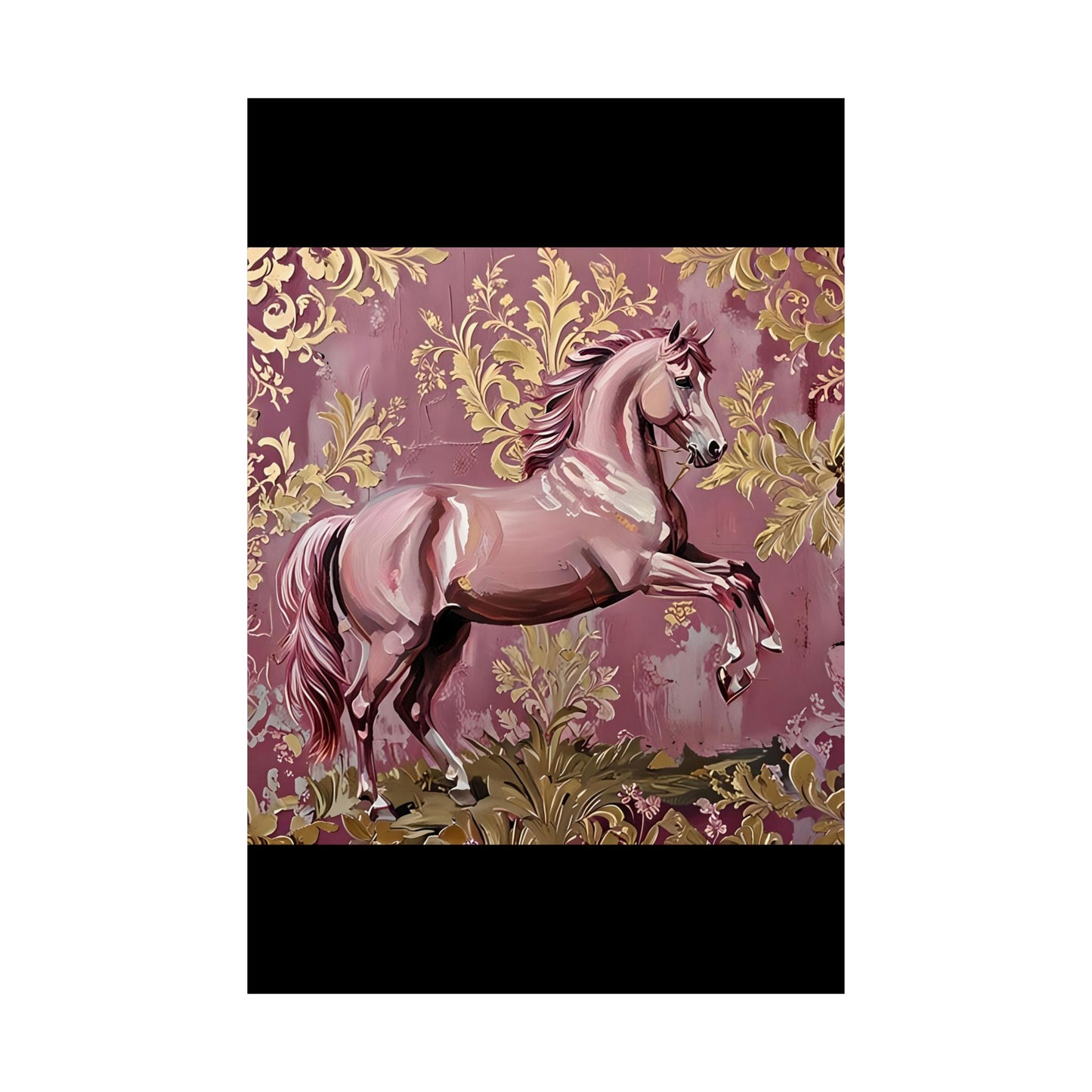 Floral Motif Art Poster - Elegant Matte Vertical Wall Decor - Mauve Horse & Gold Damask