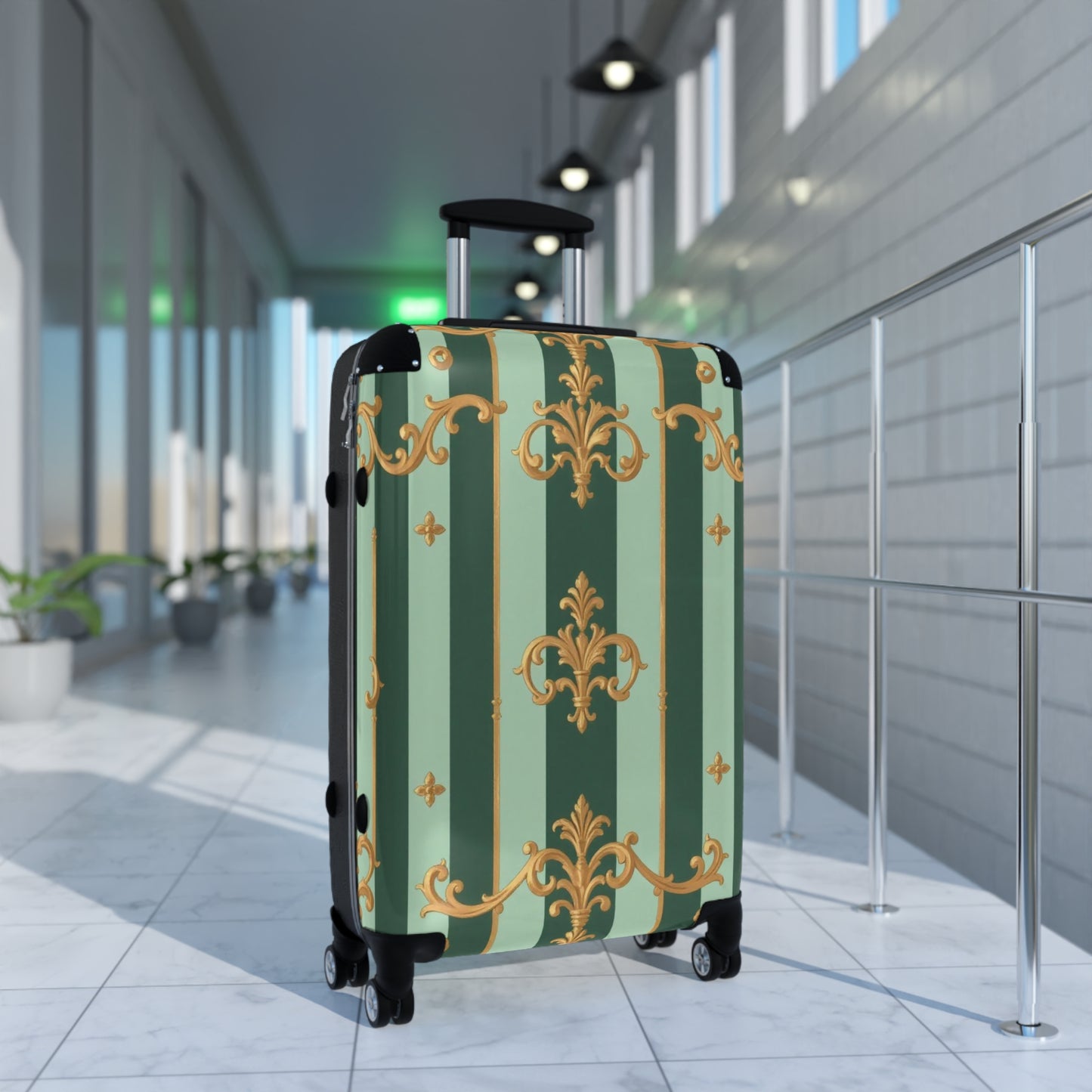 Stylish Travel Suitcase with Elegant Design, Luggage, Vacation Gear, Travel Accessories, Travel Gift - Mint Green & Teal Striped Gold Baroque