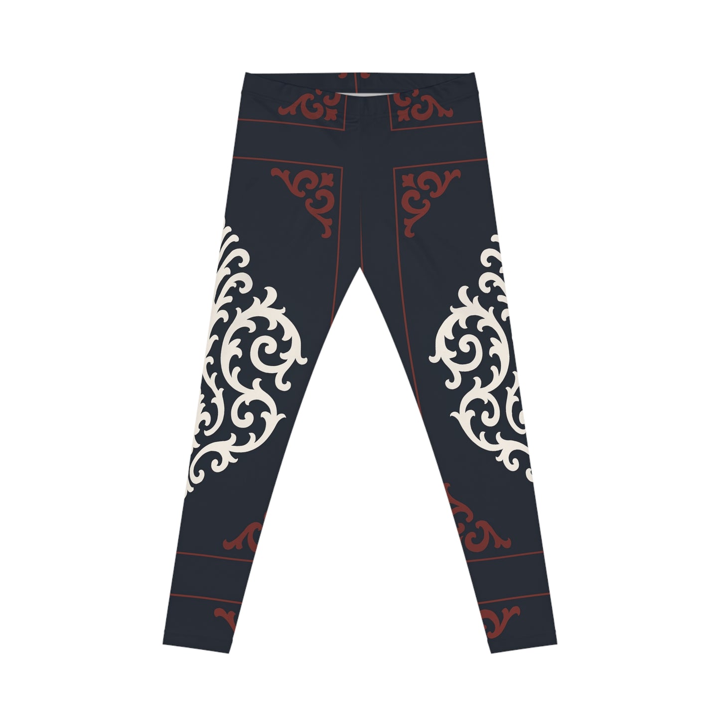 Dusk Blue & Maroon-White Baroque Print Leggings — Women's All-Over-Print Casual Leggings