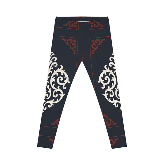 Dusk Blue & Maroon-White Baroque Print Leggings — Women's All-Over-Print Casual Leggings