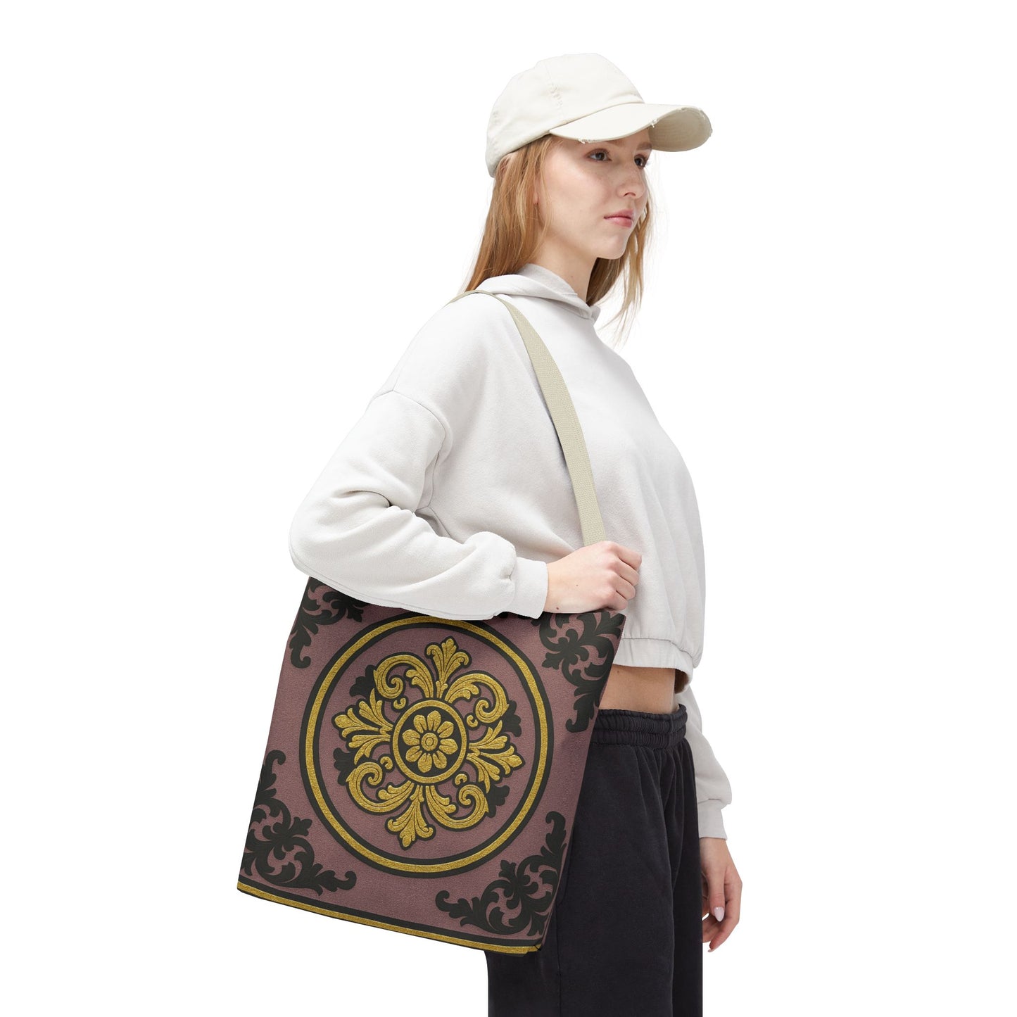 Elegant Gilded Mauve With Gold-Black Baroque Print Tote Bag, Reusable Shopping Tote, Gift for Her, Weekend Bag, Eco-Friendly Handbag