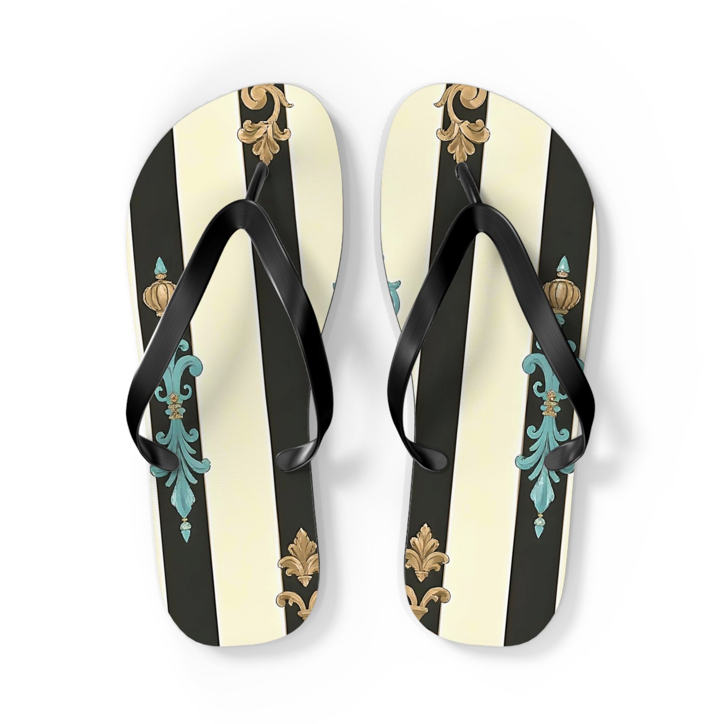 Stylish Flip Flops | Beach Sandals, Summer Footwear, Vacation Getaway, Casual Summer Style - Black Striped Turquoise & Black Rococo