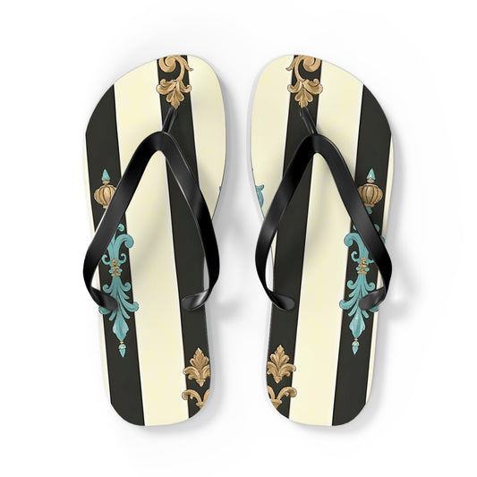 Stylish Flip Flops | Beach Sandals, Summer Footwear, Vacation Getaway, Casual Summer Style - Black Striped Turquoise & Black Rococo