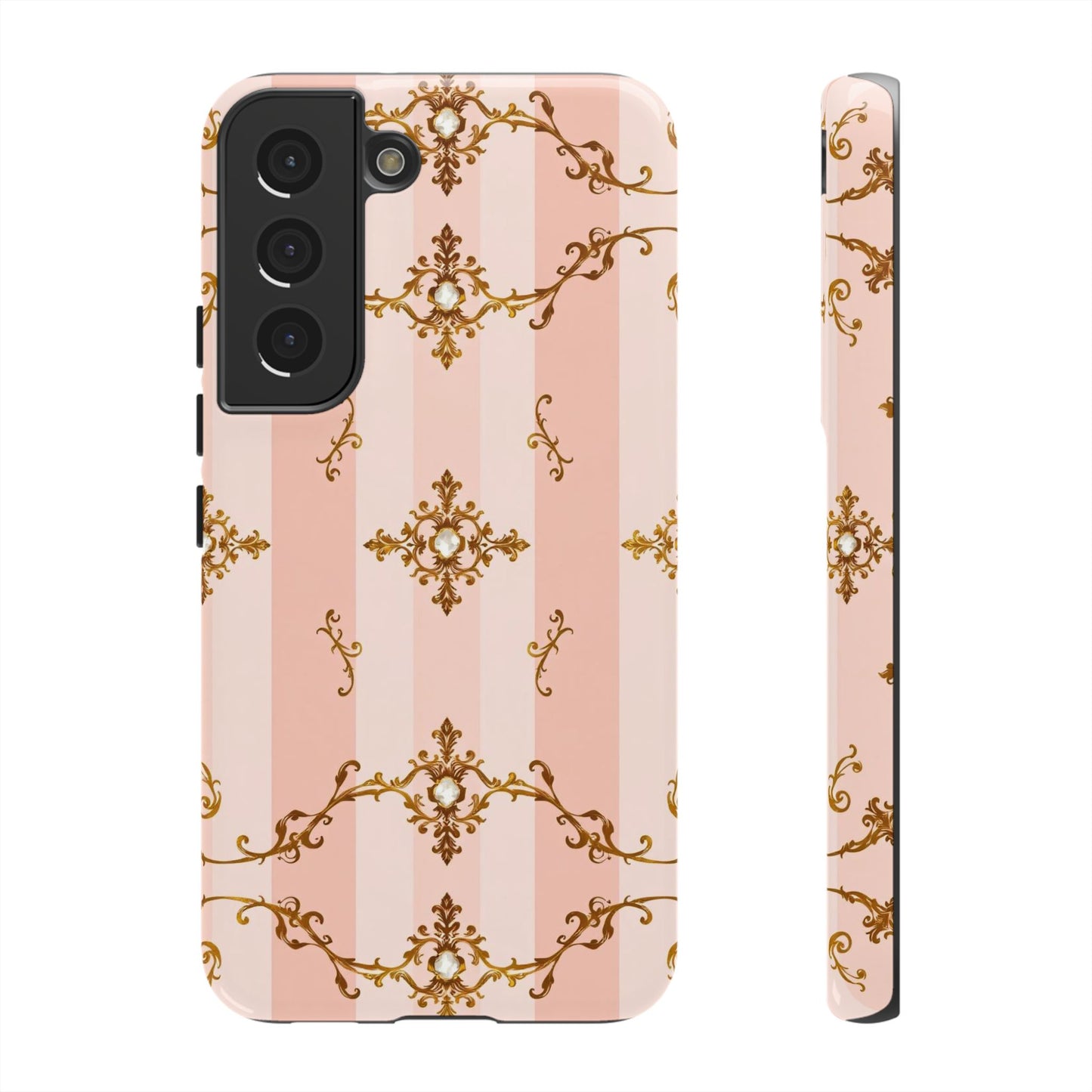 Elegant Floral Phone Case, Tough Cases for Women, Trendy Phone Cover, Chic Gift - Pink Jeweled Striped Gold Baroque