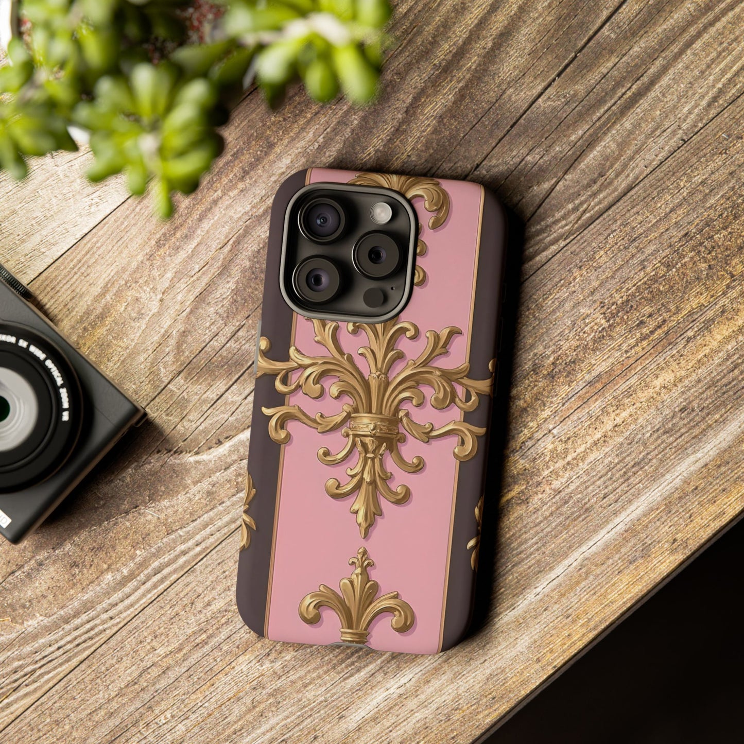Elegant Floral Motif Phone Case - Tough Cases with Vintage Design - Pink & Brown Striped Gold Damask