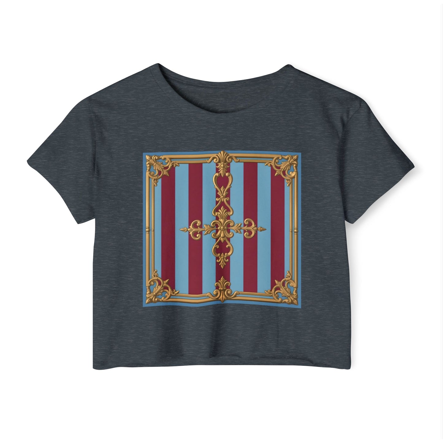 Women's Baroque Festival Crop Top, Summer Crop Tee, Casual Festival Wear, Concert Top, Eco-Friendly Fashion - Sky Blue & Maroon Striped Baroque