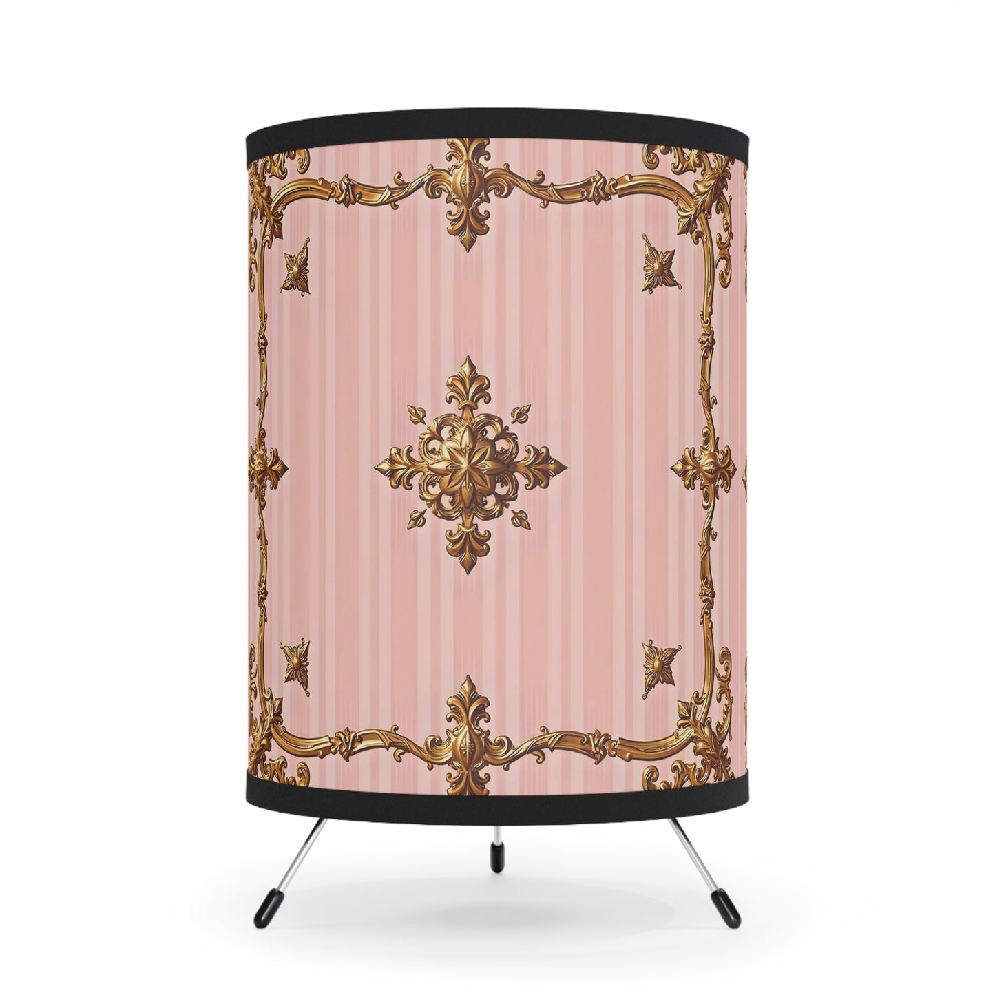 Elegant Tripod Lamp with Vintage Floral Design Shade - Pink Striped Gold Baroque