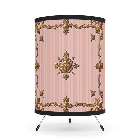 Elegant Tripod Lamp with Vintage Floral Design Shade - Pink Striped Gold Baroque