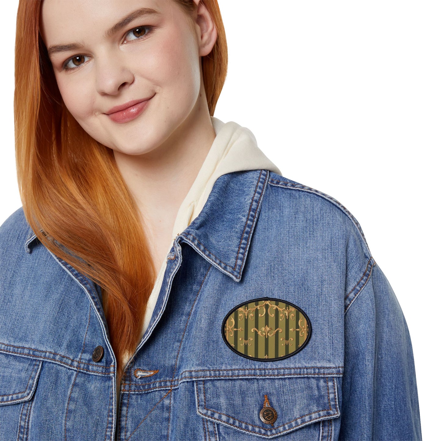 Vintage-Inspired Iron-On Patch for Jackets, Bags, and Crafts | Stylish Embellishments for DIY Projects - Olive Green Striped Rococo