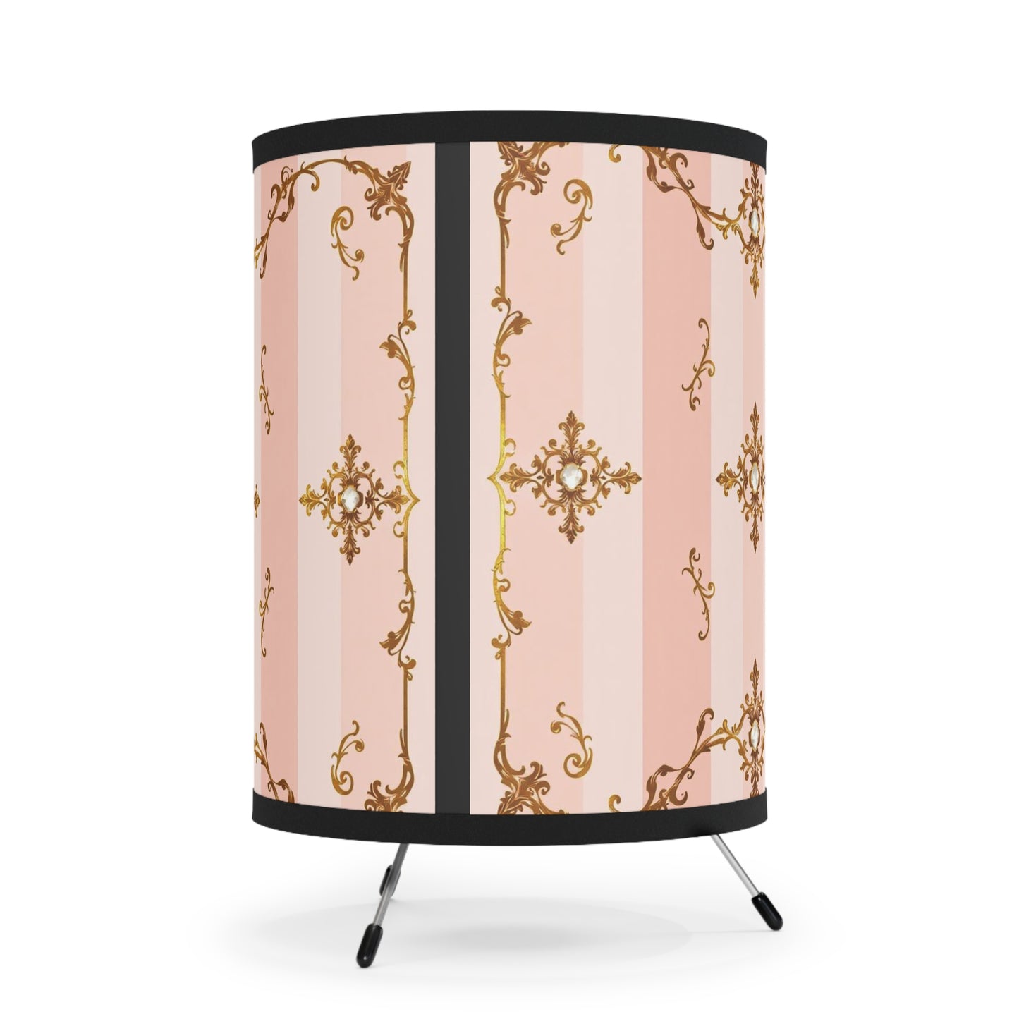 Elegant Tripod Lamp with Vintage Floral Design Shade - Pink Jeweled Striped Gold Baroque