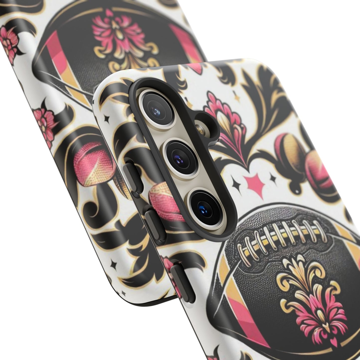 Elegant Floral Motif Phone Case - Tough Cases with Vintage Design - Damask White, Pink Gold & Black Football
